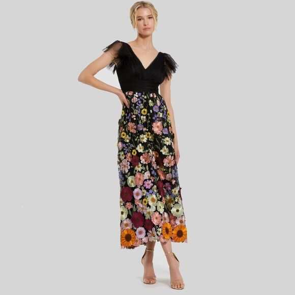 Mac Duggal 68204 Size 14 Black Floral Embroidered Ruched Flutter Sleeve Dress - Picture 2 of 4